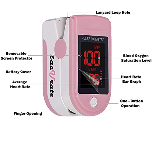 Zacurate Pro Series 500DL Fingertip Pulse Oximeter Blood Oxygen Saturation Monitor with Silicone Cover, Batteries and Lany...