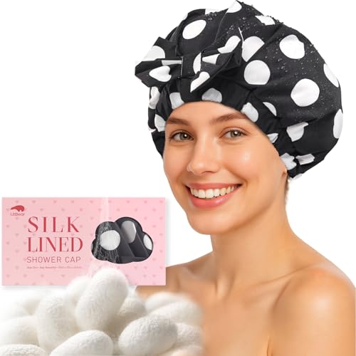 LitBear Luxury Silk Lined Shower Caps for Women Reusable Waterproof, Double Layered Large Bathing Hair Cap with Adjustable...