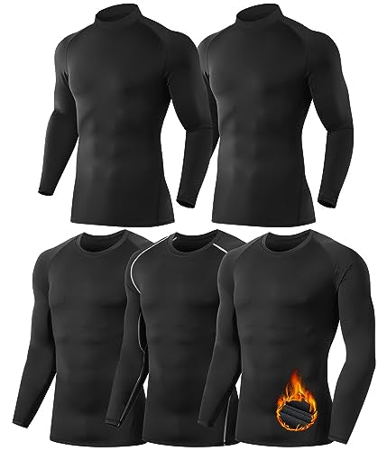 5 or 4 Pack Men's Thermal Compression Shirt Fleece Lined Long Sleeve Athletic Base Layer Cold Weather Gear Workout Top