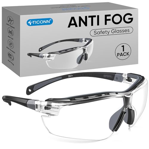 TICONN Anti-Fog Safety Glasses for Men and Women, ANSI Z87.1 Scratch Proof Eye Goggles with Adjustable Arms and UV Protection