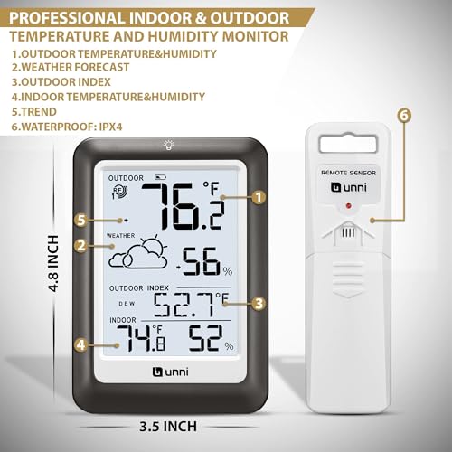 Indoor Outdoor Thermometer Wireless Weather Station, Temperature Humidity Monitor Battery Powered Inside Outside Thermomet...