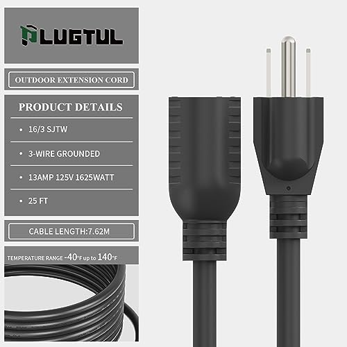 PLUGTUL Outdoor Extension Cord 25 FT Waterproof, 16/3 Gauge Black Heavy Duty 3 Prong Extension Cord, 13A 1625W SJTW, ETL L...
