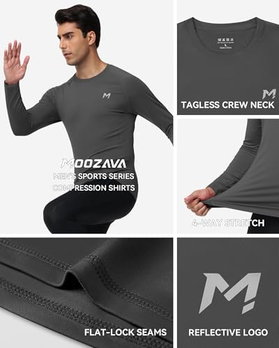Moozava Mens Compression Shirt Long Sleeve Quick Dry Athletic Workout Gym T-Shirt SPF Running Top Sport Undershirt Base Layer