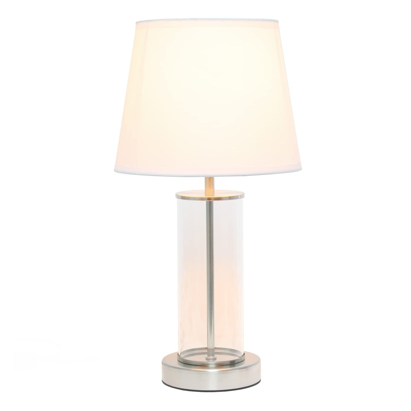 Simple Designs LT2081-BSW Small Bedside Table Lamp, Brushed Nickel, Glass, 8.66inL x 8.66inW x 16.93inH, White Shade