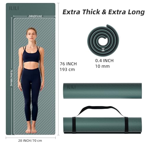ILILI Yoga Mat 10mm Extra Thick and 193cm Extra Long, 76x28×0.4 Inch, Double Color Non-Slip TPE Material, Easy Carrying wi...