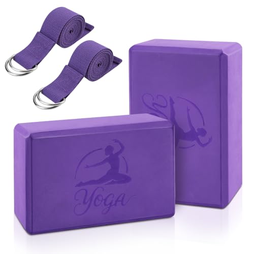2 Yoga Block and 2 Yoga Strap Set,Non-slip EVA Foam Blocks, High Density Yoga Bricks with 6ft Strap, Supportive Latex-Free...