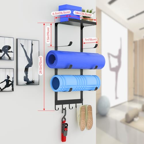 LSK Yoga Mat Holder Wall Mount, Black Yoga Mats Storage Rack, Home Gym Storage with Metal Floating Shelf for Storing Fitne...