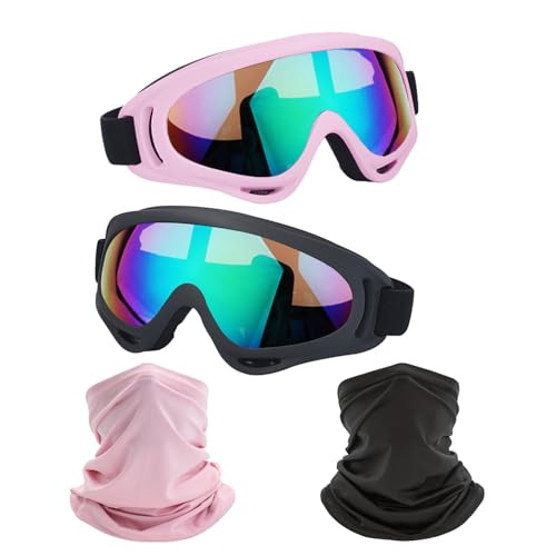 LJDJ Motorcycle Goggles,2 Pack Dirt Bike ATV Motocross Riding Hiking Protective with 2 Pack Neck Breathable Bandana Mask