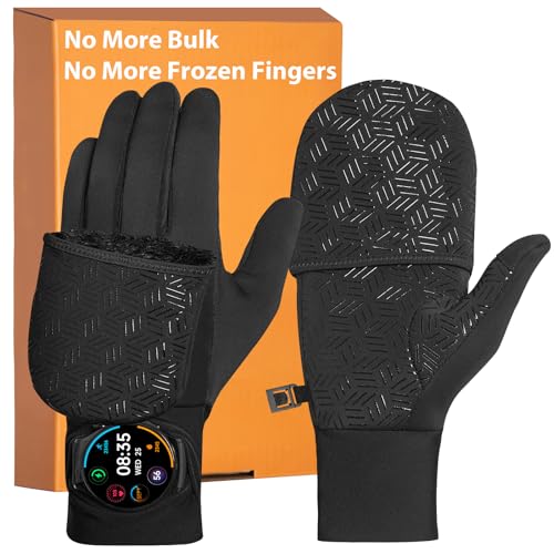 RIGWARL Winter Running Gloves Men Women Cold Weather, Touchscreen Convertible Mittens Warm Thermal Gloves with Watch Window