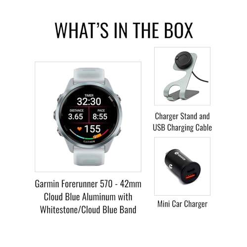 Garmin Forerunner 570 42mm GPS Running Smartwatch (Cloud Blue/Whitestone Band) Bundle with Stand, Charging Cable and Car C...