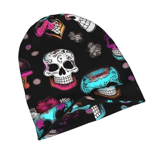 Sugar and Skulls Style Print Soft Beanie Hat for Men Women Warm Fashion Cap for Jogging Cycling Gift Outdoor Use Black