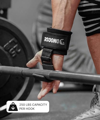 DMoose Fitness Weight Lifting Hooks (Pair) for Deadlifts, Pull Ups, Rows & Shrugs - Anti-Rip Nylon Strap Hand Grips with T...