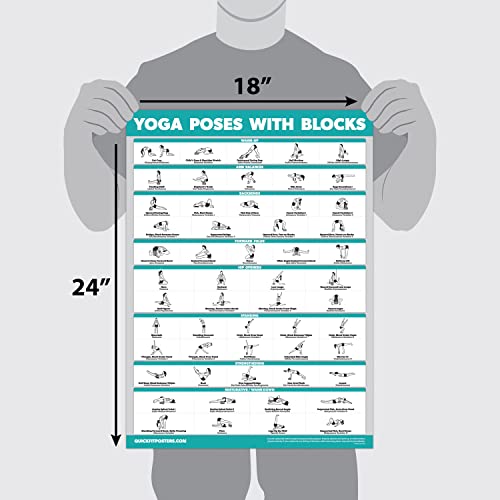 2 Pack - Yoga Block Poses + Stretching Exercise Poster Set - Yoga Positions with Blocks Chart - Set of Two Fitness Charts