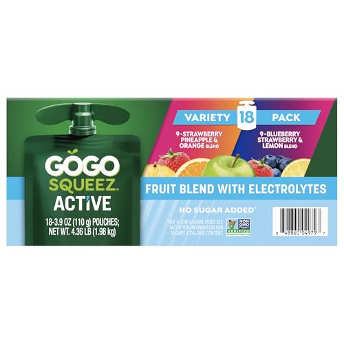 GoGo squeeZ Active Fruit Blend with Electrolytes | 18-Count Variety Pack | Blueberry Strawberry Lemon & Strawberry Pineapp...