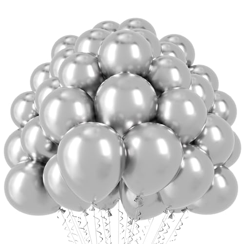 Voircoloria 110pcs Metallic Silver Balloons 12inch Chrome Silver Latex Party Balloons for Graduation, Wedding, Birthday, N...