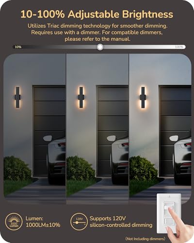 EDISHINE 2 Pack LED Outdoor Wall Lights Dimmable, 3000K 4000K 5000K, 15.7" Modern Black Outdoor Wall Sconce, IP65 Waterpro...