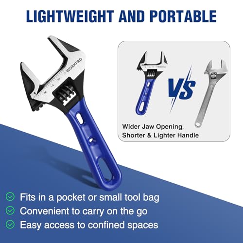 WORKPRO 4-Inch Stubby Adjustable Wrench, 0.94-Inch Extra Wide Jaw Opening Wrench, Metric/SAE Scales, Cr-V Steel, Ideal for...