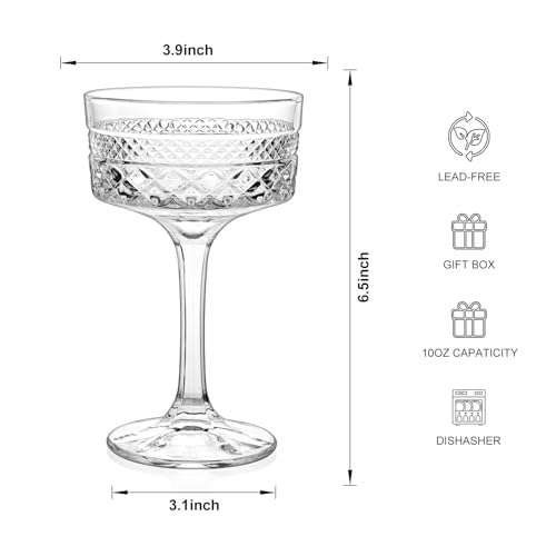 6 Pcs Ribbed Coupe Glasses, 10 oz Vintage Cocktail Coupe Glasses Set, Unique Martini Glass, Classic Galssware, Bar Drinkin...