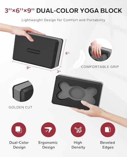 HAPBEAR Yoga Blocks 2 Pack - 9x6x3in High-Density EVA Foam with Non-Slip Textured Surface, Supportive for Deep Stretching...