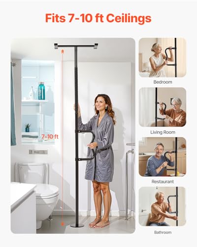 VEVOR Floor-to-Ceiling Transfer Pole, Tension Mounted Bathroom Grab Bar with Anti-Slip Curve Handle, 300 Lbs Capacity Secu...