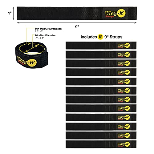 Quick-Straps by Wrap-It Storage – 9” (12-Pack) Black - Hook and Loop Straps for Hose and Cord Storage and Organization
