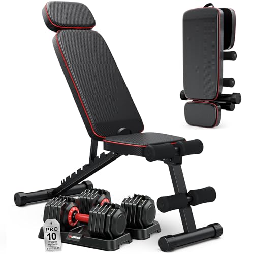 Rendpas 25/55LB Adjustable Dumbbells and Workout Bench,10 Backrests Adjustable Weight Bench with Extended Headrest, 800LBS...