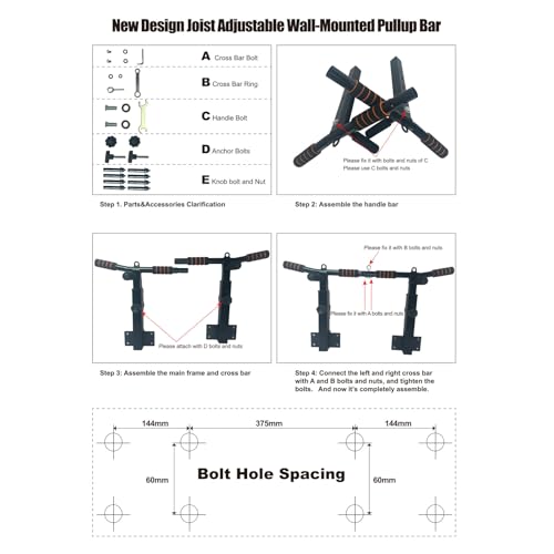Pull Up Bar Wall Mounted: Adjustable Wall Joist Mount Pull Up Bar & Chin Up Bar for Home Gym Workout Strength Training Equ...