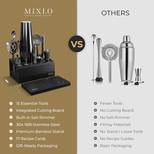 MIXLO HOME Mixology Bartender Kit - 15Pcs Bar Set Cocktail Shaker Set w Black Bar Cart Accessories Stand - Shakers Bartend...