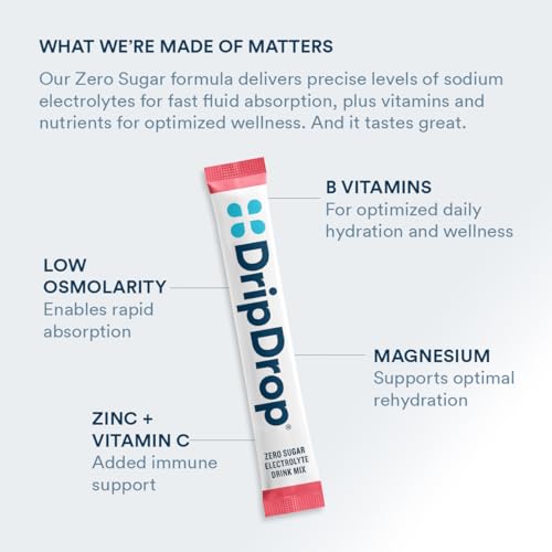 DripDrop Sugar Free Hydration Packets - Zero Classic Variety Pack - Single Serve Electrolytes Powder Drink Mix - Lemon Lim...