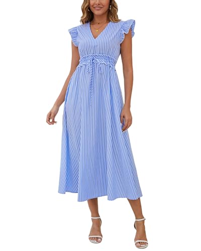 Bsubseach 2026 Cap Sleeve Cover Up Women Striped V Neck Beach Maxi Dress Drawstring Bathing Suit Coverups Swimwear