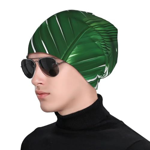 Green Palm Leaf Print Soft Beanie Hat for Men Women Warm Fashion Cap for Jogging Cycling Gift Outdoor Use