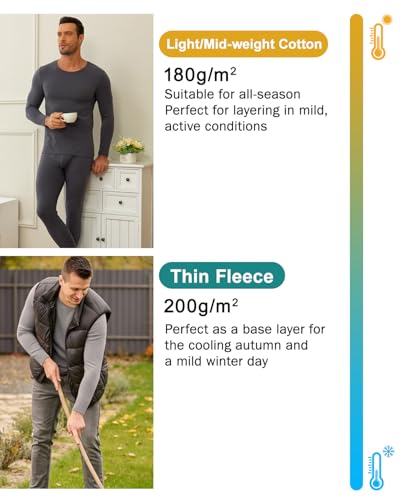 wirarpa Men's Cotton Long Johns Thermal Underwear Set Base Layer Lightweight Long Sleeve Top and Pajama Bottom