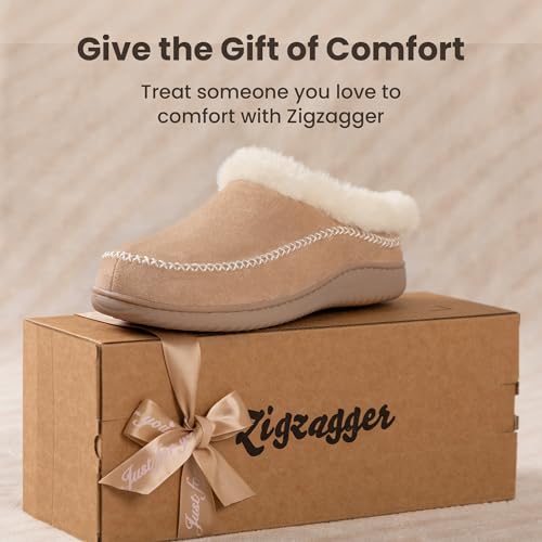Zigzagger Women's Moccasin Slip-On Fuzzy Slippers - House Shoes Indoor Outdoor with Microsuede & Fluffy Fur Fleece, Cozy W...