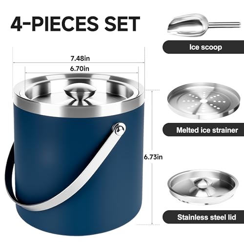 3L Double-Wall Insulated Stainless Steel Ice Bucket with scoop for Cocktail Bar - Metal Ice Bucket for freezer with Lid fo...