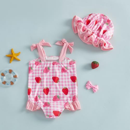 BSaogr Infant Girl Onepiece Swimsuit Cute Printed Sleeveless Ruffle Romper Beach Wear Bathing Suit with Swim Cap