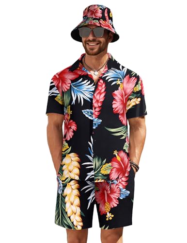COOFANDY Men's Hawaiian Shirt and Short Set Flower 2-pieces Beach Outfit with Bucket Hats