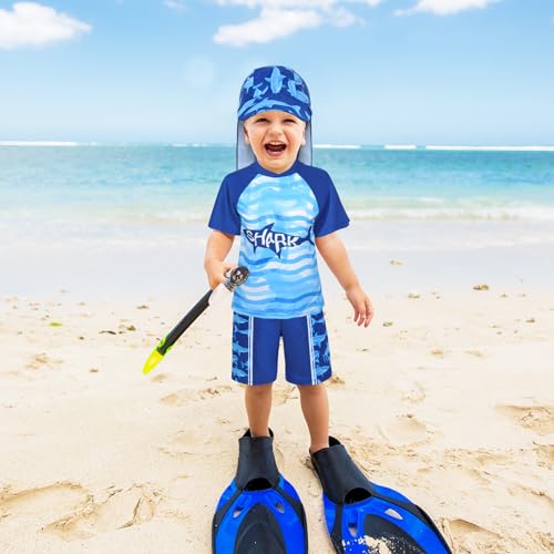 AuSletie Boys Two Pieces Swimsuit Set Short Sleeve Kids Rash Guard Dinosaur Boys Bathing Suit with Sun Cap for 2-6 Years