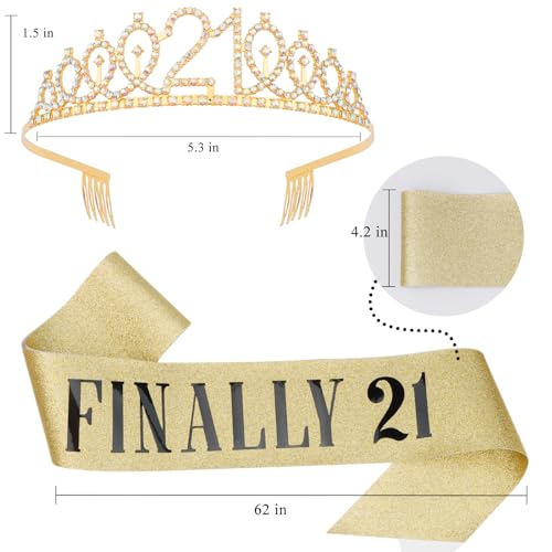 KICOSY 21st Birthday Crowns and Sashes for Women, Princess Tiara Sash Set Elegant Gold Crown with Combs for Girls 21st Bir...