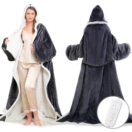 Wearable Heated Blanket with Foot Pocket, Electric Wearable Throw Blanket with Sleeves, Hood, Portable Heated Blanket with...