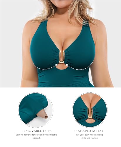 SHAPELLX Tummy Control Swimsuits One Piece V Neck Slimming Bathing Suit for Women Cutout Ruched Shapewear Swimwear