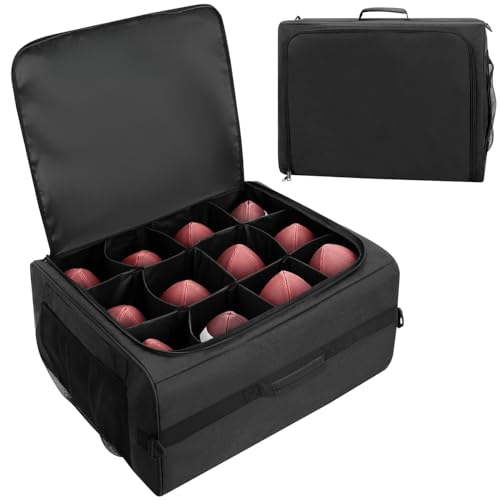 Football Bag Holds 12 Official-Size Footballs, 12-Compartment Ball Carrier with Dividers, Top-Open Organizer Case with Sho...