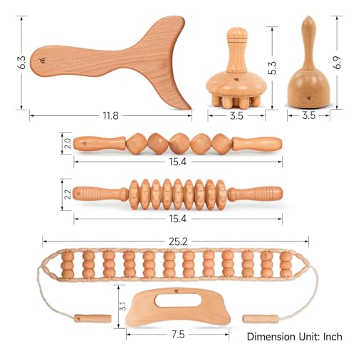 PYSEAN Wooden Massage Tool Set, 7-Piece Body Massage Kit for Home Use, Manual Included