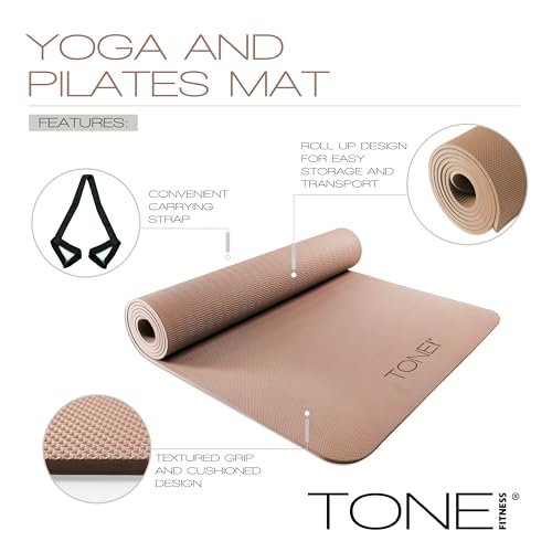 TONE Fitness Yoga Mat 1/4" Thick Non Slip Exercise & Pilates Mat for Home Workouts with Carrying Strap | Multiple Options
