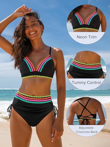 popvil High Waisted Bikini Sets for Women Tummy Control Swimsuits Neon Two Piece V Neck Drawstring Bathing Suits 2026