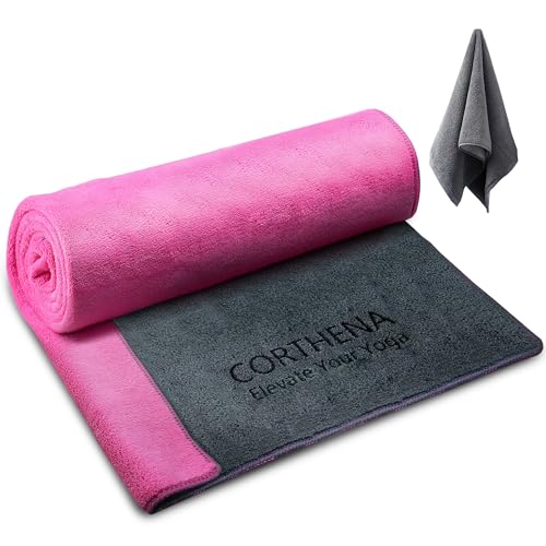 CORTHENA Yoga Mat Towel with Hand Towel, Extra Thick (600GSM) Soft Hot Yoga Towel, Non-Slip and Sweat Absorbent for Hot Yo...