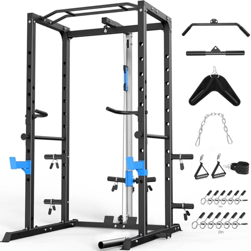 ULTRA FUEGO Power Cage, Multi-Functional Power Rack with J-Hooks, Dip Handles, Landmine Attachment and Optional Cable Pull...