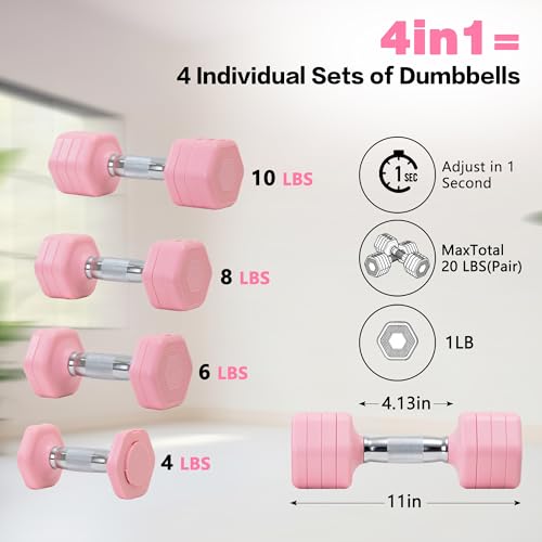Adjustable Dumbbell Set of 2 Total 20 Lbs 4-in-1 Each 4lb 6lb 8lb 10lb 1s-Adjust Dual-Stable Free Weights for Women Men Ho...