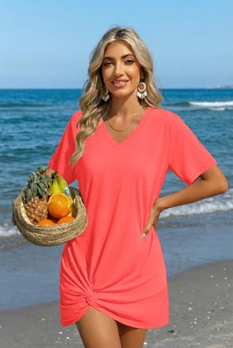 Ekouaer Women's Coverup Short Sleeve Swimsuit Cover Ups 2026 Summer Bathing Suit Cover Twisted Cover Up Dress S-2XL