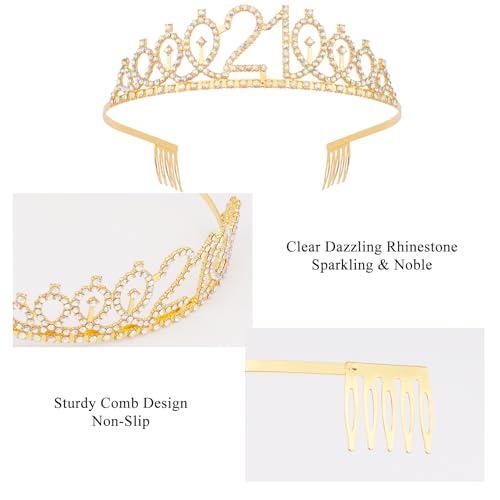 KICOSY 21st Birthday Crowns and Sashes for Women, Princess Tiara Sash Set Elegant Gold Crown with Combs for Girls 21st Bir...