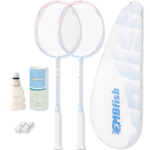 MBFISH Badminton Racket Set with 2 Carbon Fiber Rackets, 3 Shuttlecocks, 2 Replacement Racket Grip Tapes and 1 Badminton B...